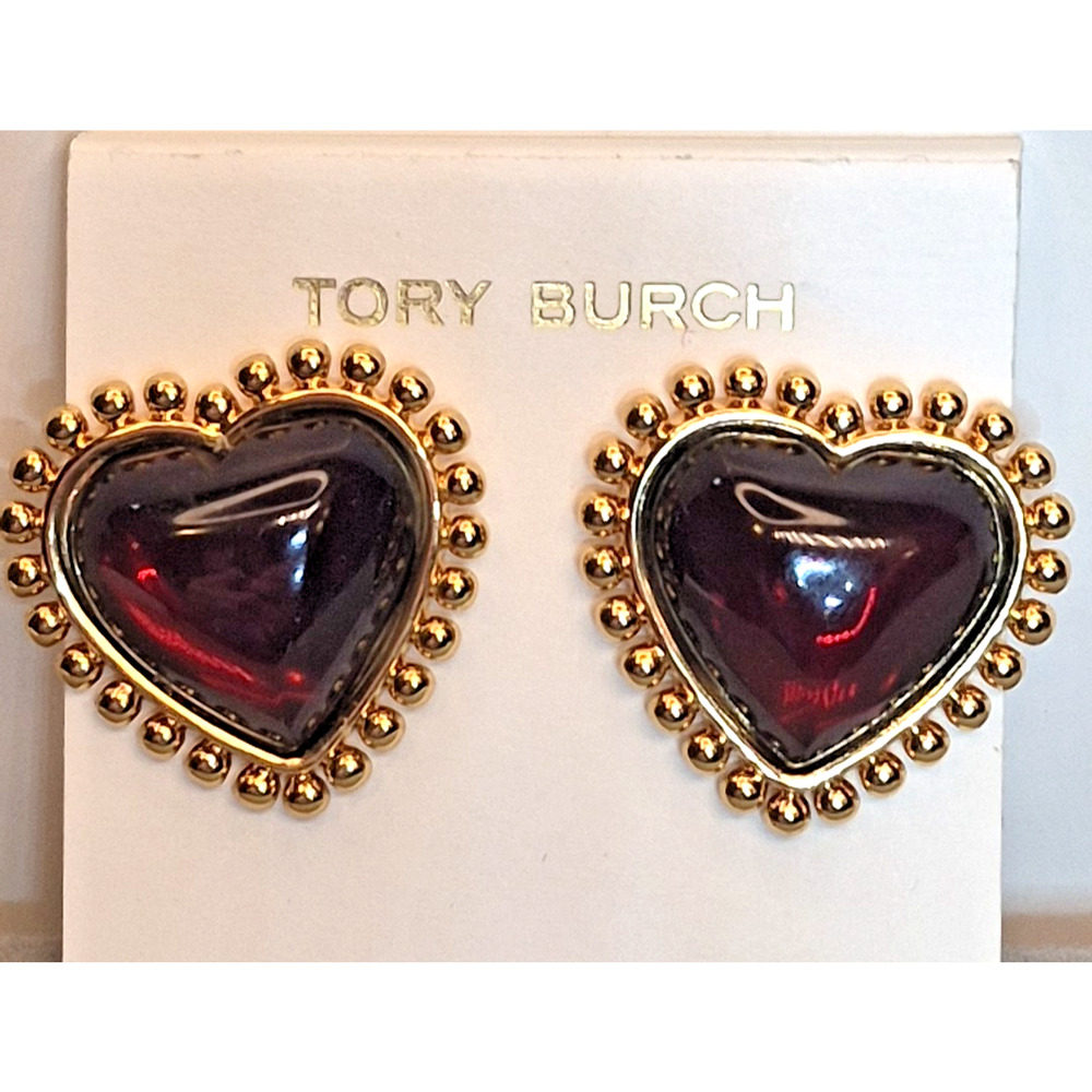 ❤️ Tory Burch Gold & Dark Burgundy Logo Heart Earrings – New on Card ❤️
